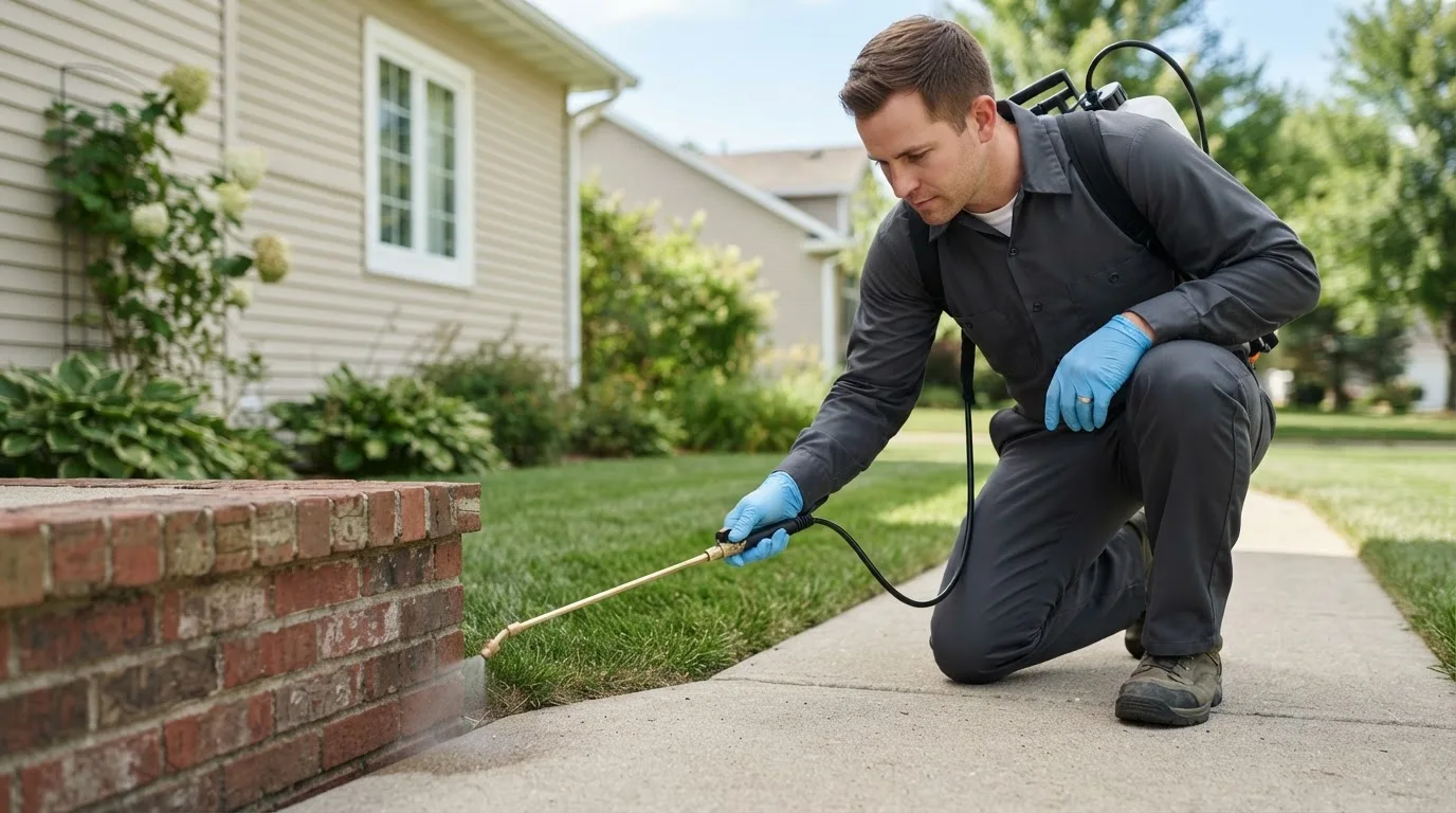 Pest control technician treating a home near Bosque, NM